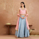 Fashion Bani Pink and Blue Crop Top With Skirt and Dupatta