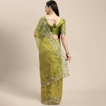 Green & Gold Floral Sequinned Organza Saree