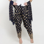 Women Navy Blue & Gold-Toned Block Printed Salwar & Dupatta Set