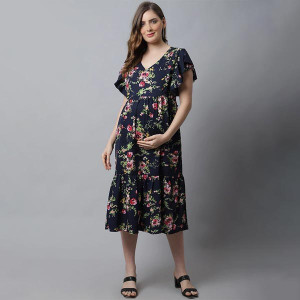 Women Navy Blue Floral Crepe Maternity A-Line Midi Dress