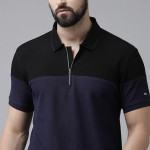 Men Navy Blue Striped Polo Collar Pure Cotton T-shirt