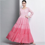 Women Pink Yoke Design Flared Sleeves Thread Work Anarkali Kurta